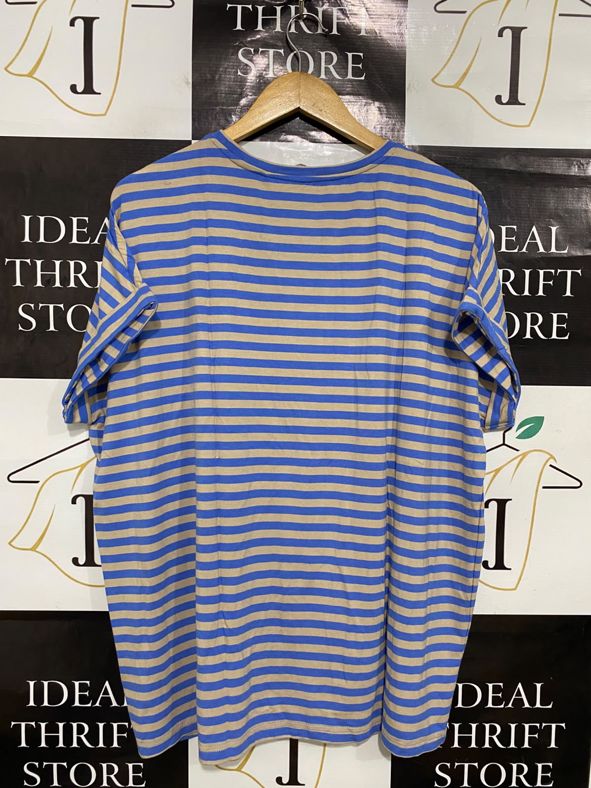 GINA BENOTTI |L| BUST 25| A50| BLUE AND BEIGE STRIPED BENOTTI CREWNECK TECHNICAL UTILITY T-SHIRT