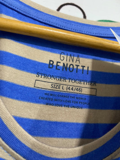 GINA BENOTTI |L| BUST 25| A50| BLUE AND BEIGE STRIPED BENOTTI CREWNECK TECHNICAL UTILITY T-SHIRT