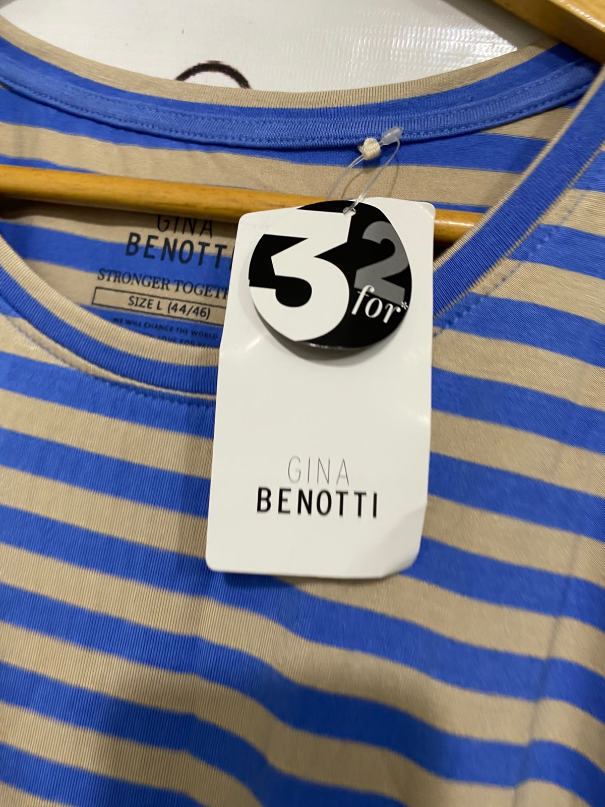 GINA BENOTTI |L| BUST 25| A50| BLUE AND BEIGE STRIPED BENOTTI CREWNECK TECHNICAL UTILITY T-SHIRT