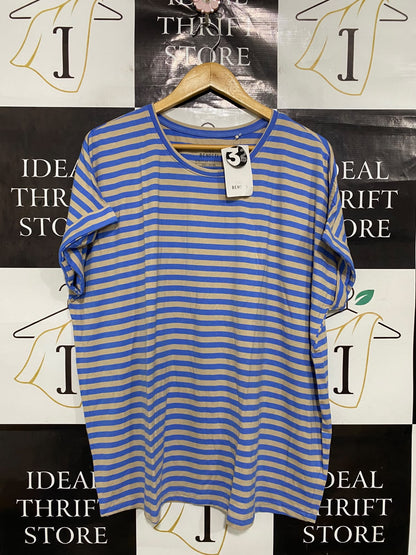 GINA BENOTTI |L| BUST 25| A50| BLUE AND BEIGE STRIPED BENOTTI CREWNECK TECHNICAL UTILITY T-SHIRT