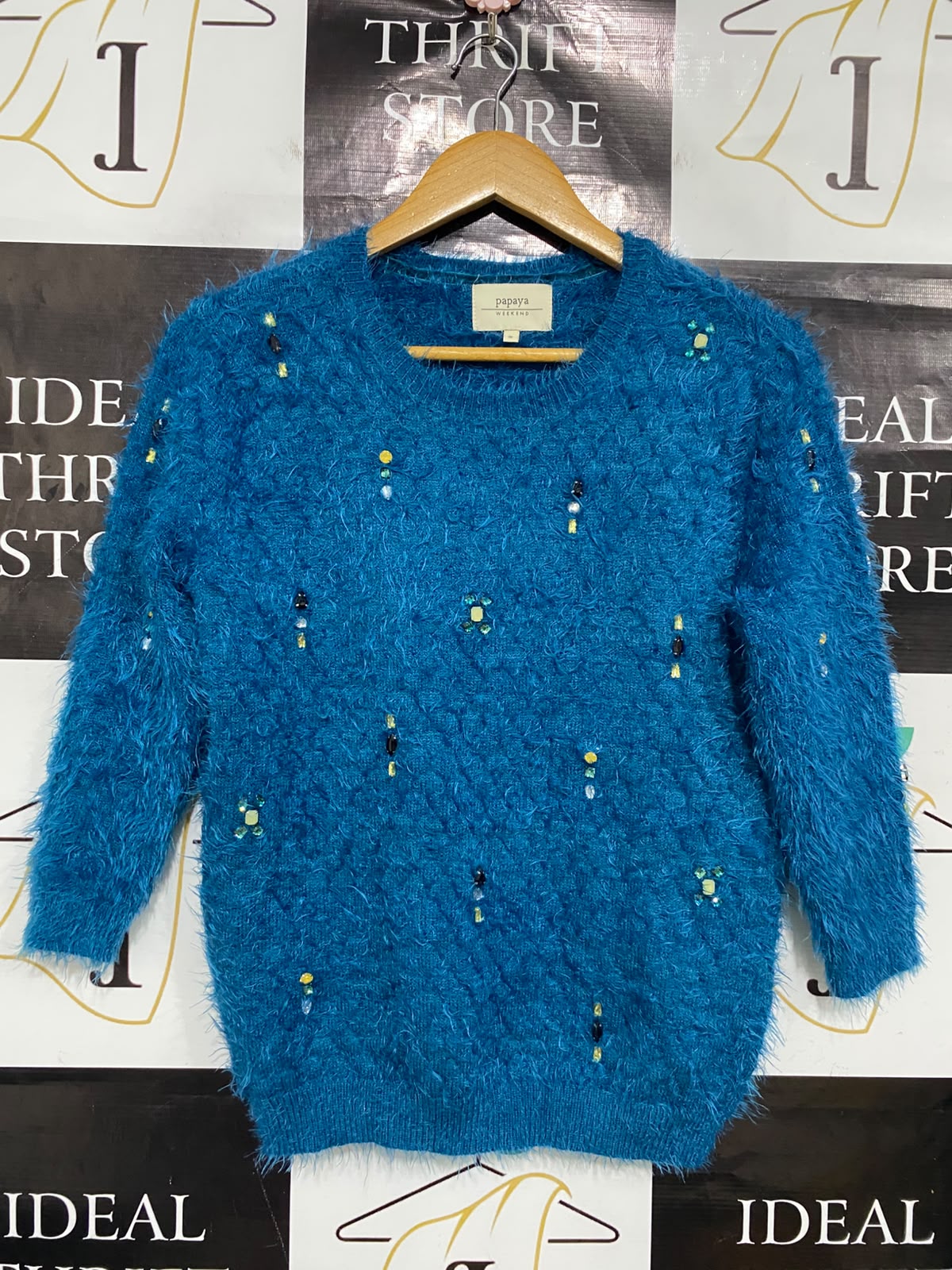 PAPAYA |S| BUST 18| A50| BLUE FLUFFY EMBELLISHED PAPAYA CREWNECK TECHNICAL UTILITY SWEATER