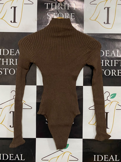 I SAW IT FIRST |XS| BUST 11| A50| DARK BROWN RIBBED HALF-ZIP TECHNICAL UTILITY BODYSUIT