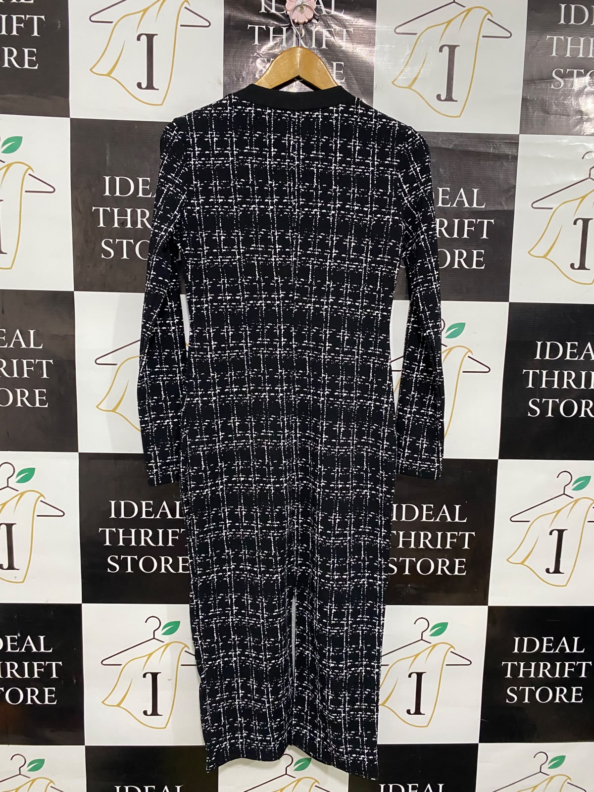 SHEIN |M| BUST 17| A50| BLACK AND WHITE TWEED-STYLE GOLD-BUTTON TECHNICAL UTILITY MIDI DRESS