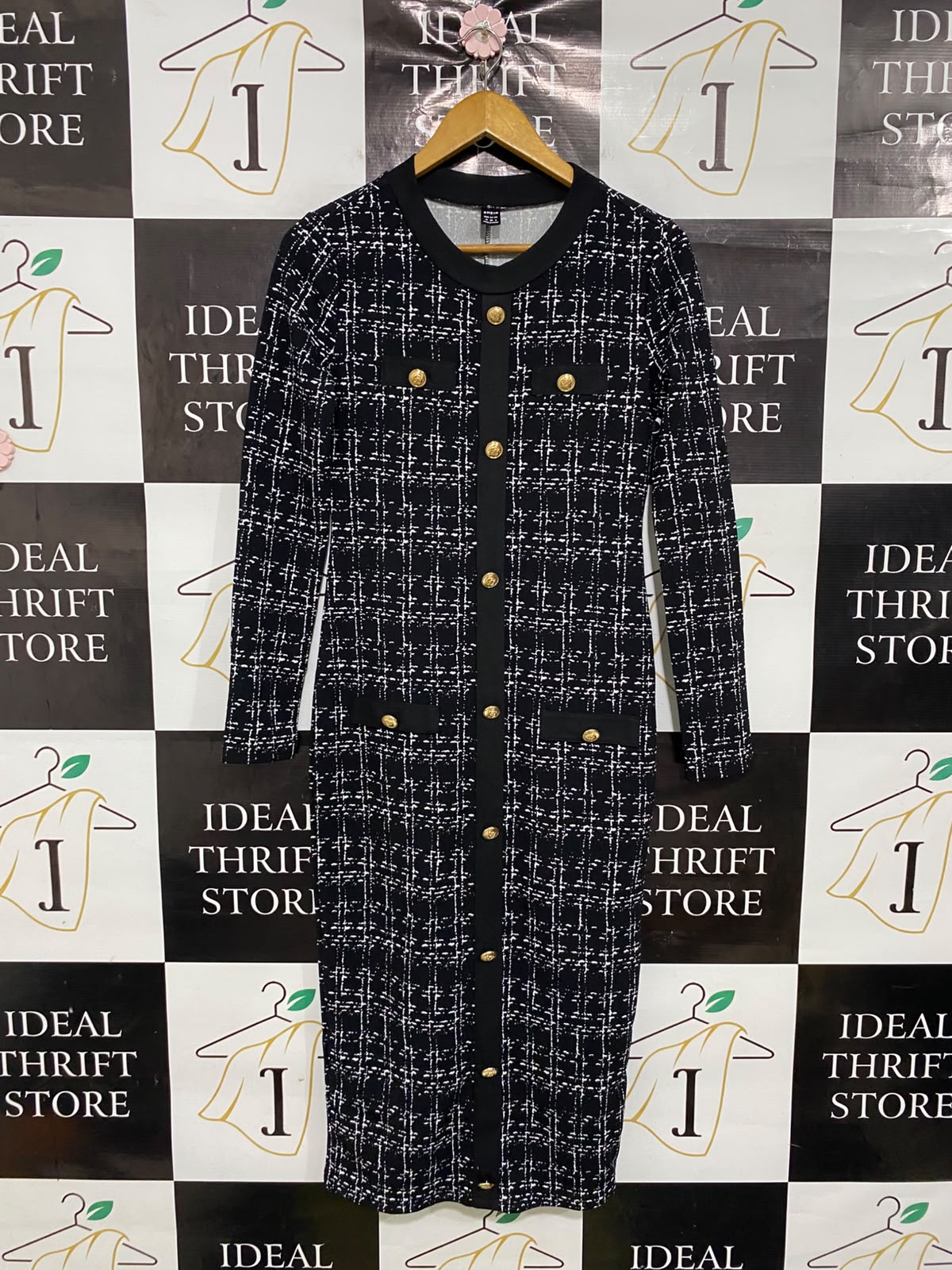 SHEIN |M| BUST 17| A50| BLACK AND WHITE TWEED-STYLE GOLD-BUTTON TECHNICAL UTILITY MIDI DRESS