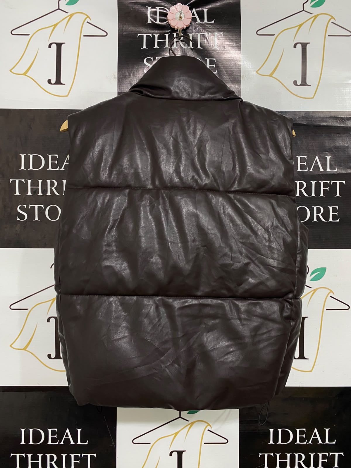 ZARA |XS| BUST 20| A50| DARK BROWN FAUX LEATHER PUFFER VEST WITH STAND COLLAR