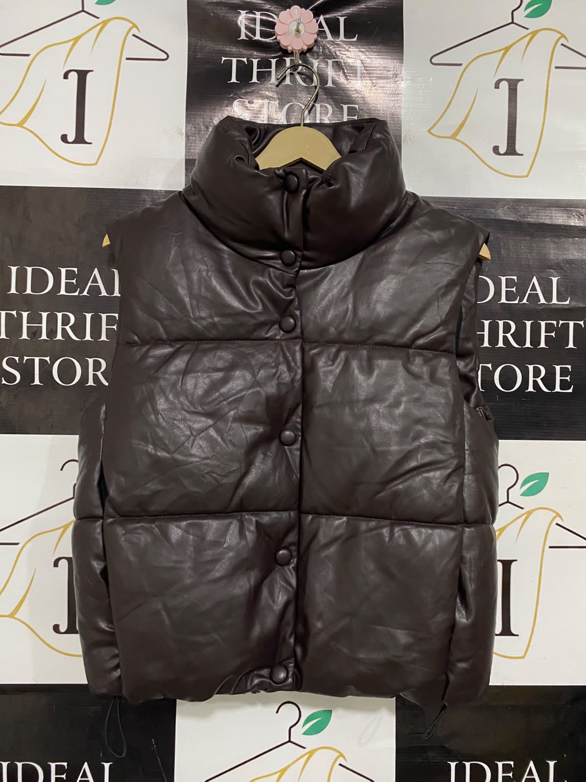 ZARA |XS| BUST 20| A50| DARK BROWN FAUX LEATHER PUFFER VEST WITH STAND COLLAR