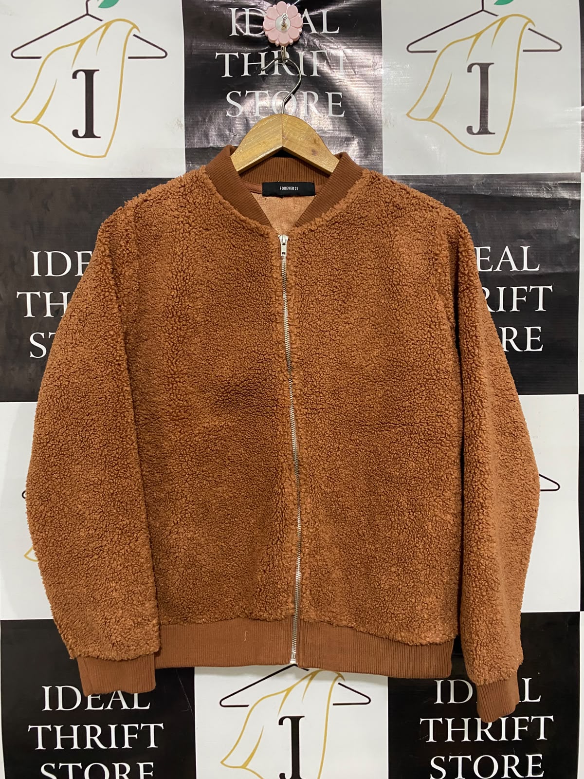 FOREVER |M| BUST 20| A50| CAMEL SHERPA FLEECE FOREVER 21 ZIP-UP BOMBER JACKET