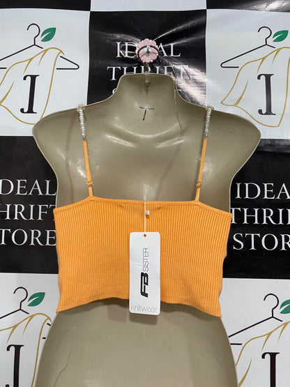 FB SISTER KNIT WEAR |S| BUST 15| A50| ORANGE RIBBED CROP TOP WITH PEARL BEADED STRAPS