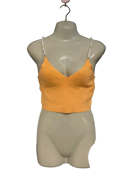 FB SISTER KNIT WEAR |S| BUST 15| A50| ORANGE RIBBED CROP TOP WITH PEARL BEADED STRAPS