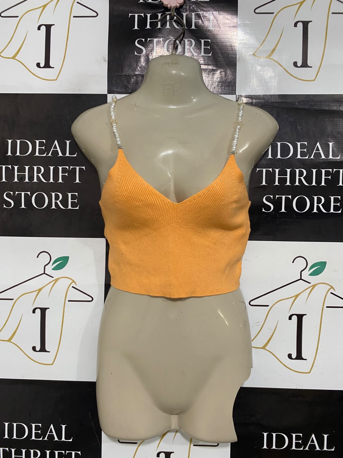 FB SISTER KNIT WEAR |S| BUST 15| A50| ORANGE RIBBED CROP TOP WITH PEARL BEADED STRAPS