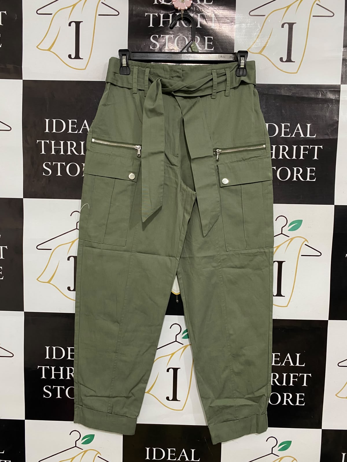 RIVER ISLAND |S| WAIST 26| A50| OLIVE GREEN TIE-WAIST UTILITY CARGO PANTS WITH MULTI-POCKETS