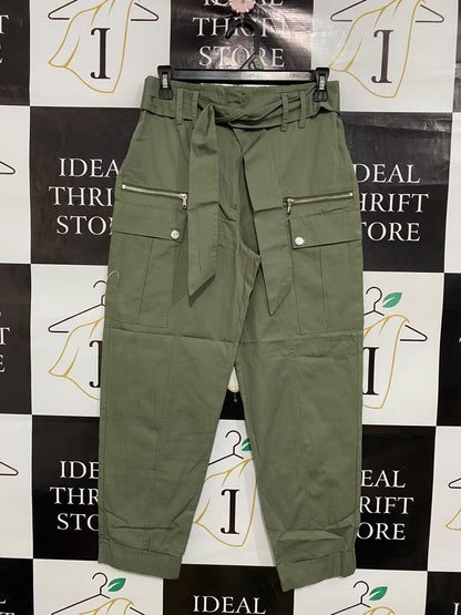 RIVER ISLAND |S| WAIST 26| A50| OLIVE GREEN TIE-WAIST UTILITY CARGO PANTS WITH MULTI-POCKETS