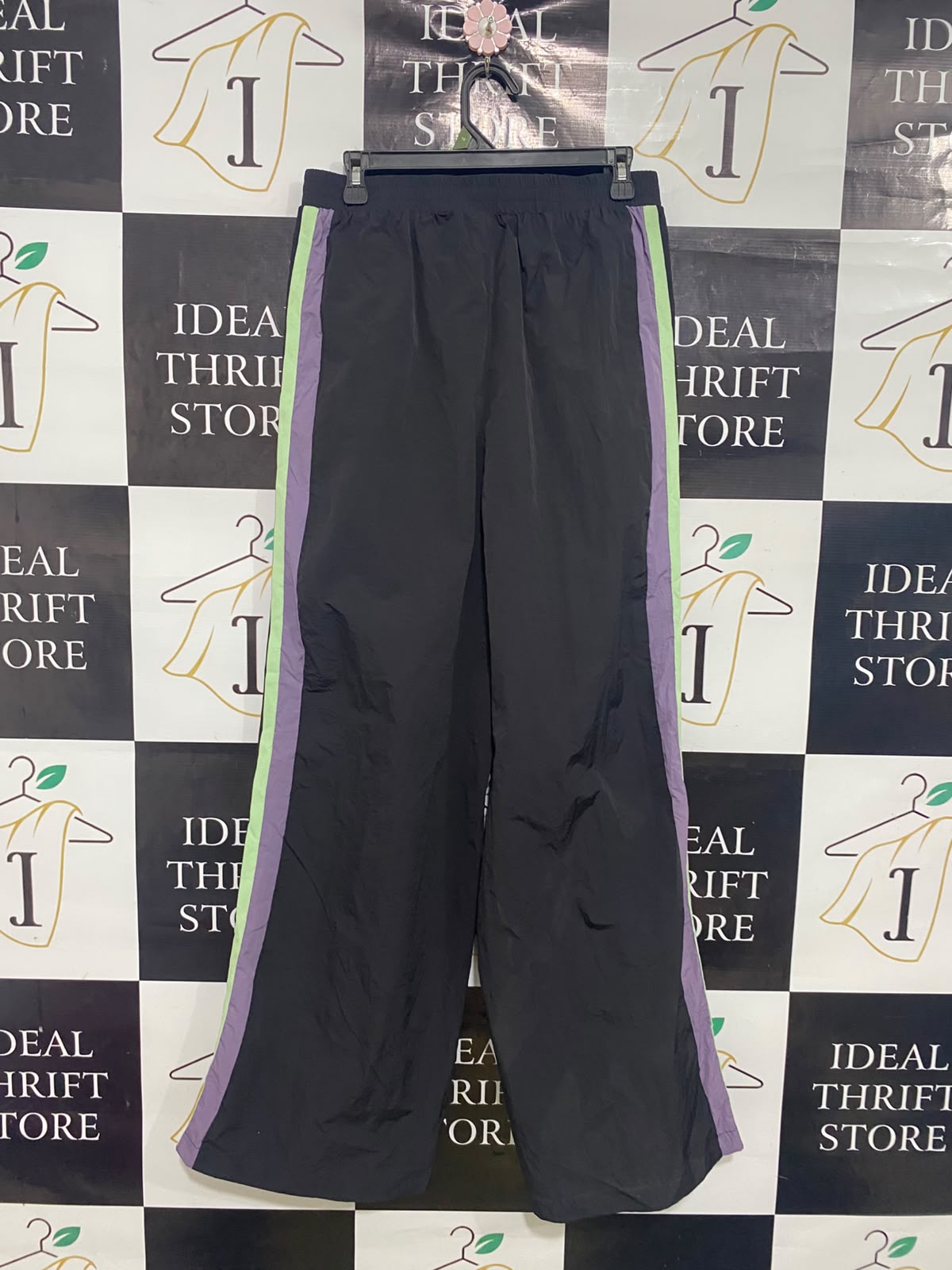 DAISY STREET |L| WAIST 30| A50| BLACK WIDE-LEG TECHNICAL UTILITY TRACK PANTS WITH PURPLE AND LIME STRIPES