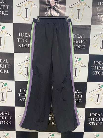 DAISY STREET |L| WAIST 30| A50| BLACK WIDE-LEG TECHNICAL UTILITY TRACK PANTS WITH PURPLE AND LIME STRIPES