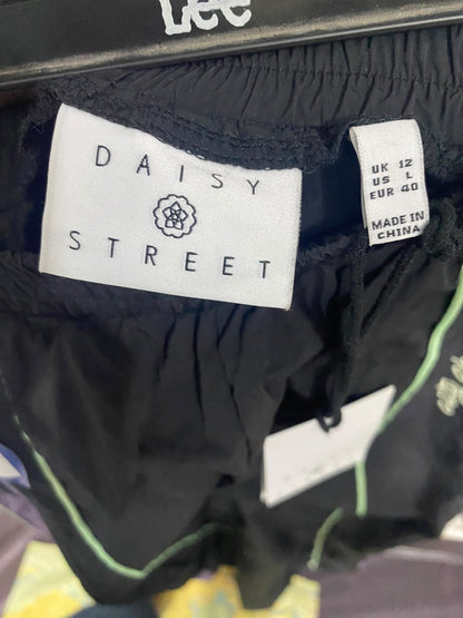 DAISY STREET |L| WAIST 30| A50| BLACK WIDE-LEG TECHNICAL UTILITY TRACK PANTS WITH PURPLE AND LIME STRIPES