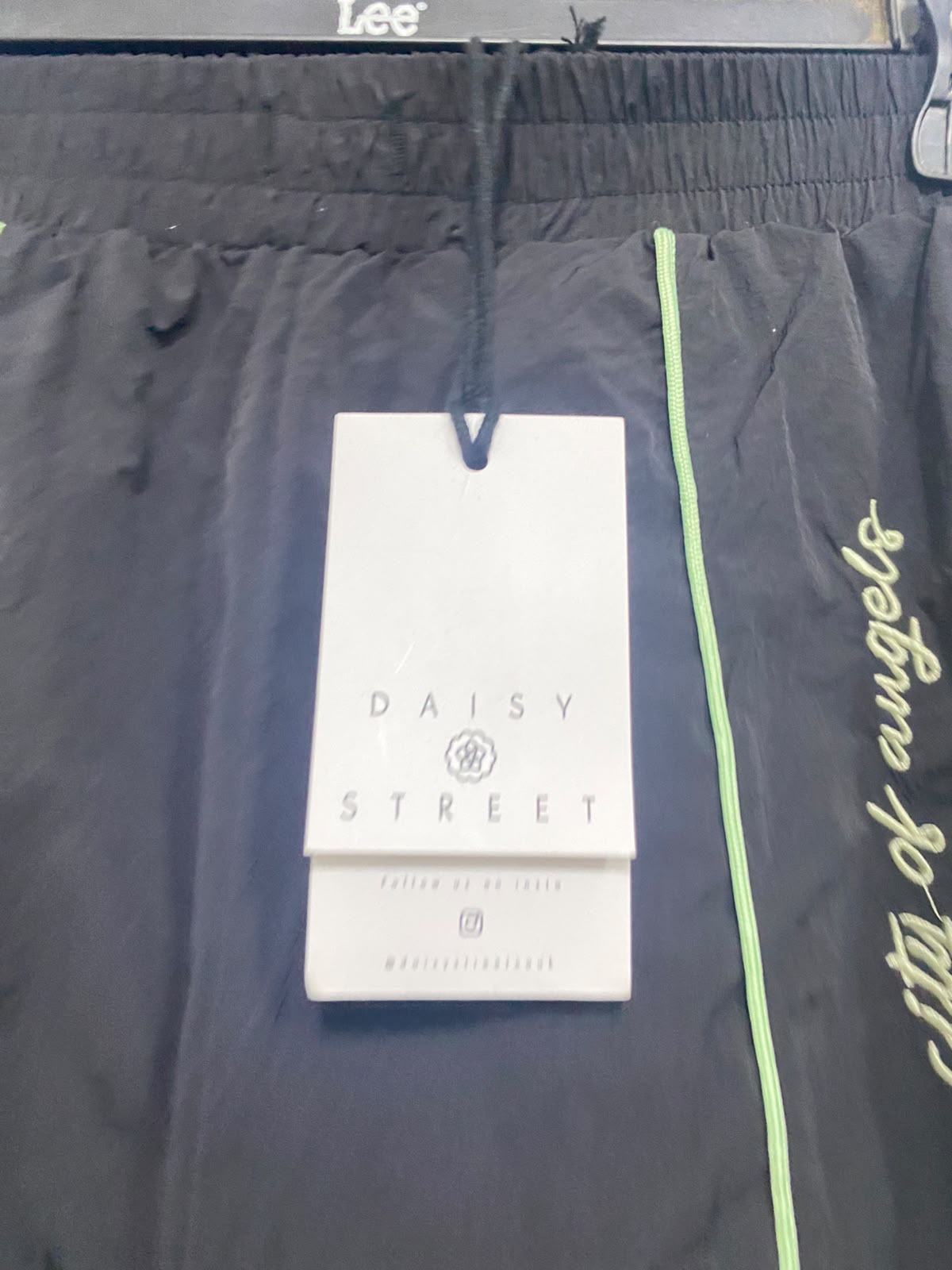 DAISY STREET |L| WAIST 30| A50| BLACK WIDE-LEG TECHNICAL UTILITY TRACK PANTS WITH PURPLE AND LIME STRIPES