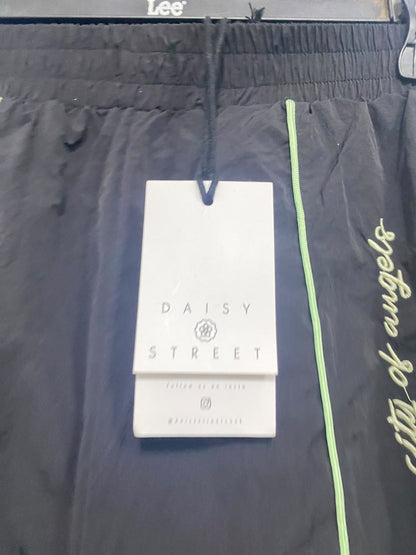 DAISY STREET |L| WAIST 30| A50| BLACK WIDE-LEG TECHNICAL UTILITY TRACK PANTS WITH PURPLE AND LIME STRIPES