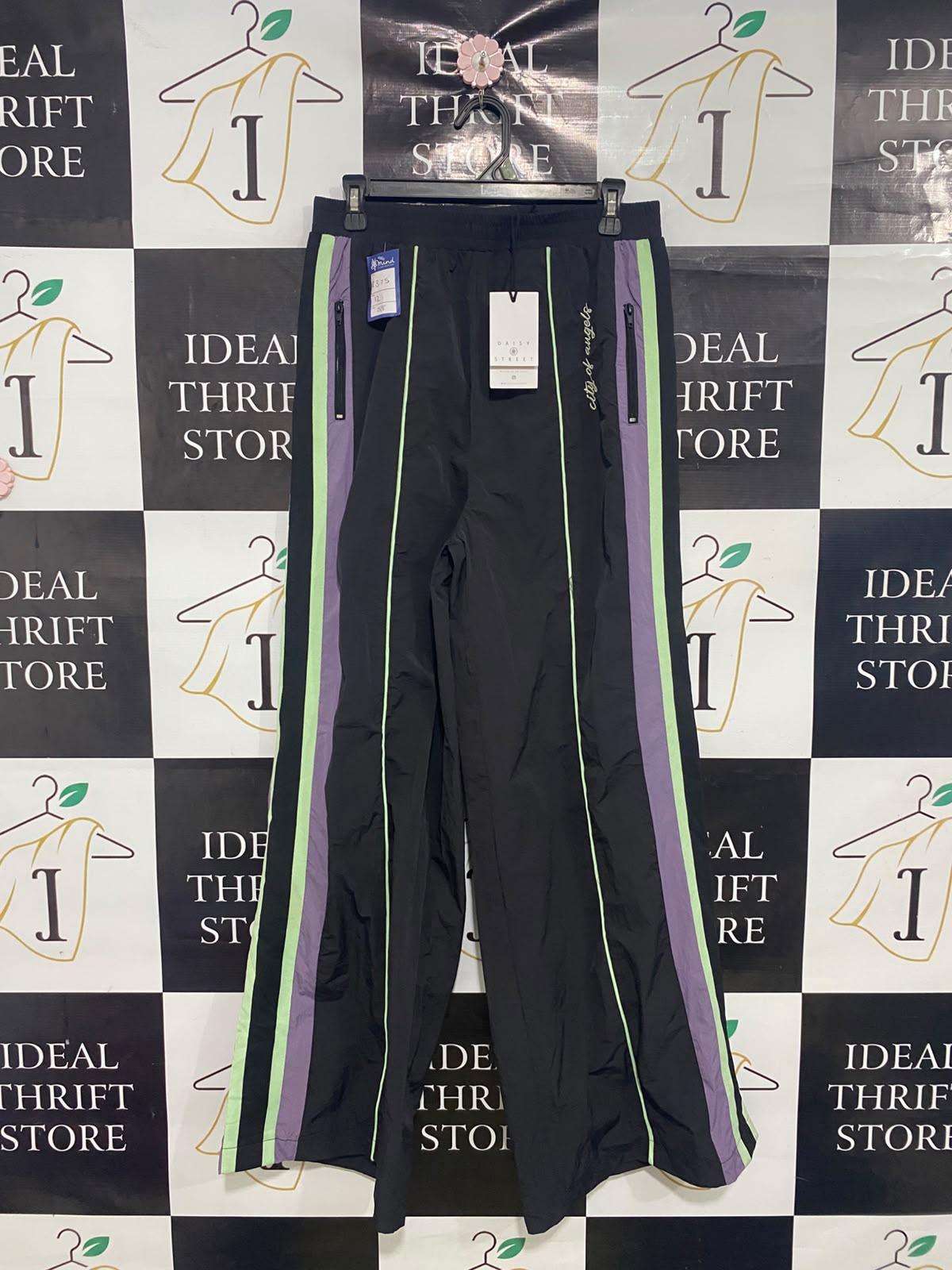 DAISY STREET |L| WAIST 30| A50| BLACK WIDE-LEG TECHNICAL UTILITY TRACK PANTS WITH PURPLE AND LIME STRIPES