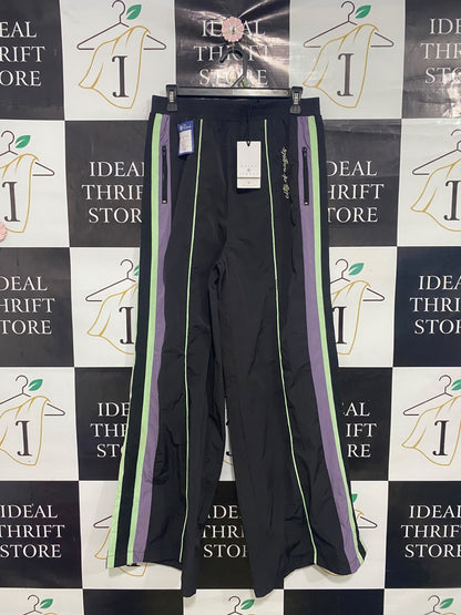 DAISY STREET |L| WAIST 30| A50| BLACK WIDE-LEG TECHNICAL UTILITY TRACK PANTS WITH PURPLE AND LIME STRIPES