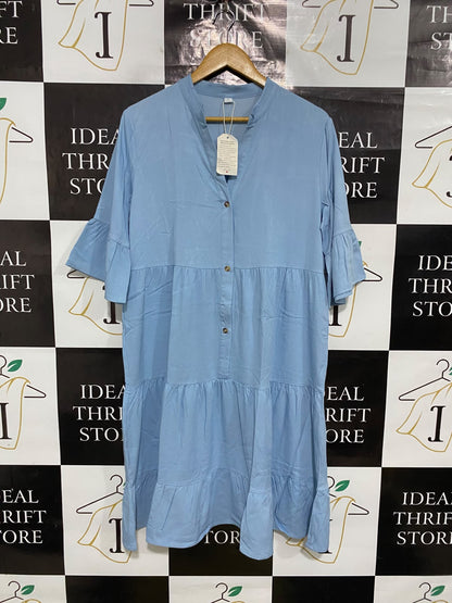 |L| BUST 21| A50| DUSTY BLUE TIERED TECHNICAL UTILITY SHIRT DRESS