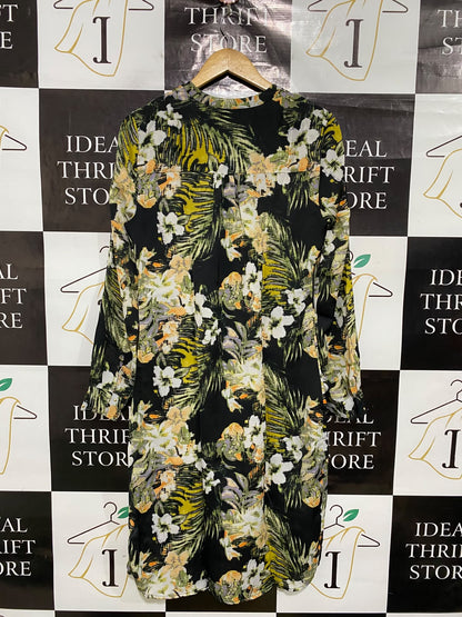 M&S |M| BUST 18| A50| BLACK AND GREEN TROPICAL FLORAL TECHNICAL UTILITY SHIRT DRESS