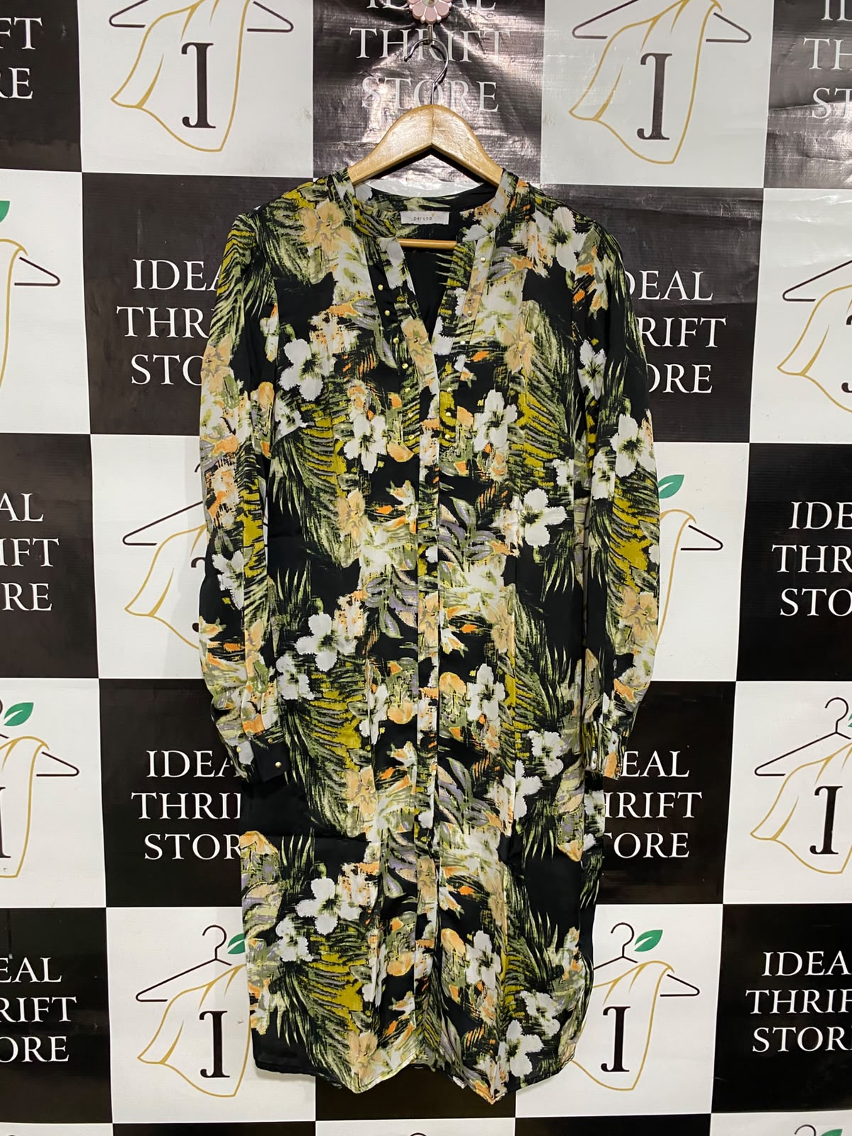 M&S |M| BUST 18| A50| BLACK AND GREEN TROPICAL FLORAL TECHNICAL UTILITY SHIRT DRESS