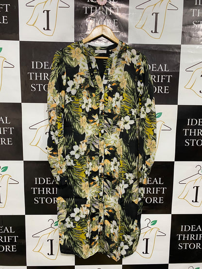 M&S |M| BUST 18| A50| BLACK AND GREEN TROPICAL FLORAL TECHNICAL UTILITY SHIRT DRESS