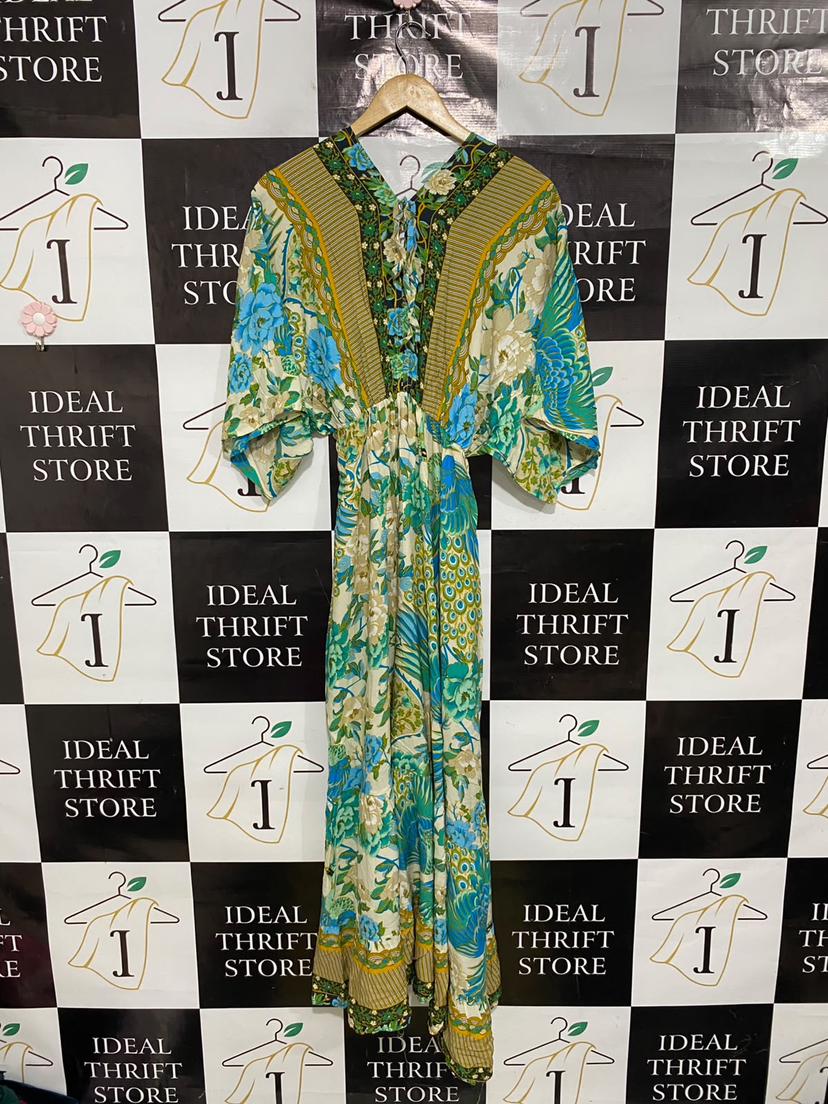 |S| BUST 17| A50| BLUE AND GREEN BOHO FLORAL TECHNICAL UTILITY MAXI DRESS