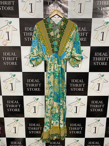 |S| BUST 17| A50| BLUE AND GREEN BOHO FLORAL TECHNICAL UTILITY MAXI DRESS