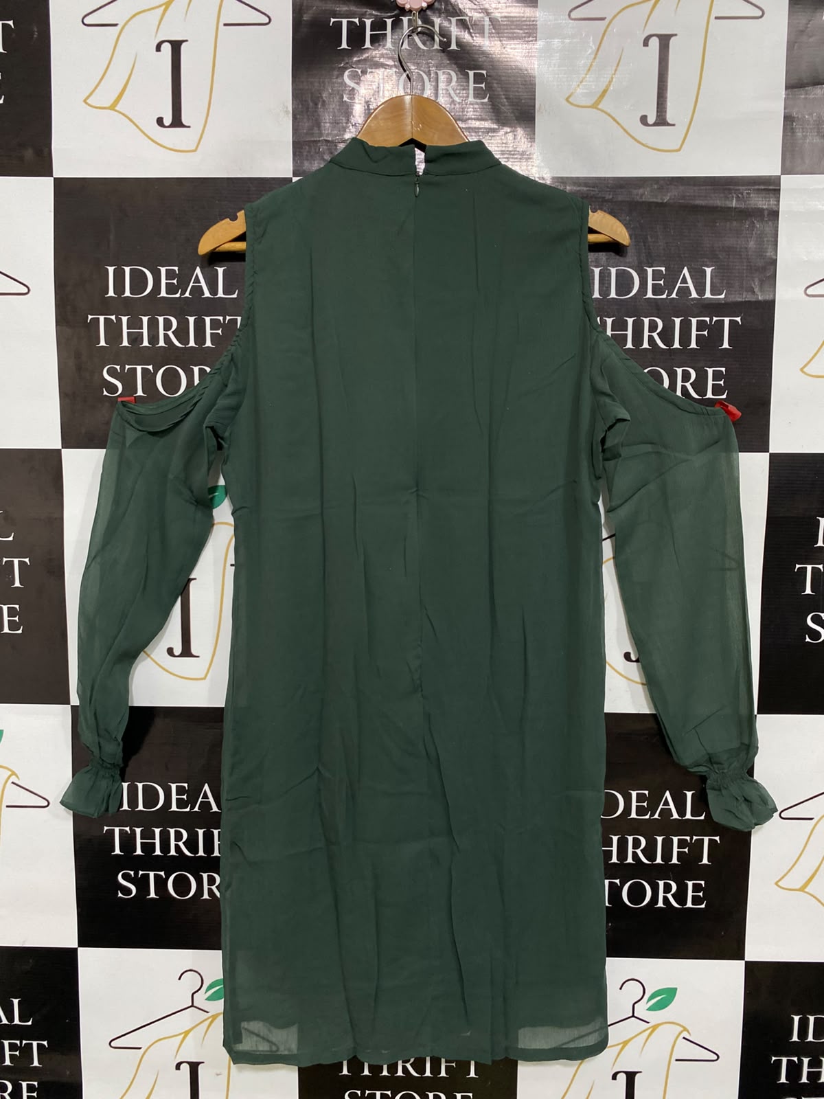 MISS CHASE |M| BUST 19| A50| DARK GREEN COLD-SHOULDER MOCK-NECK TECHNICAL UTILITY DRESS