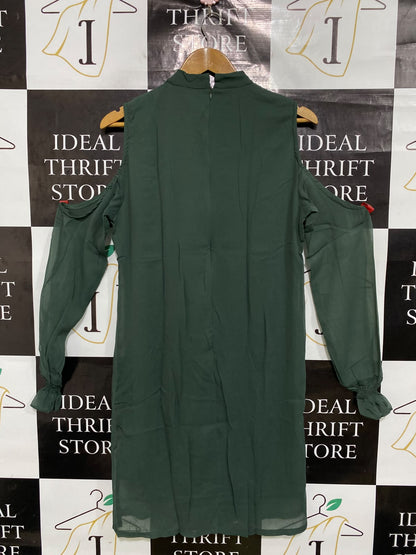 MISS CHASE |M| BUST 19| A50| DARK GREEN COLD-SHOULDER MOCK-NECK TECHNICAL UTILITY DRESS