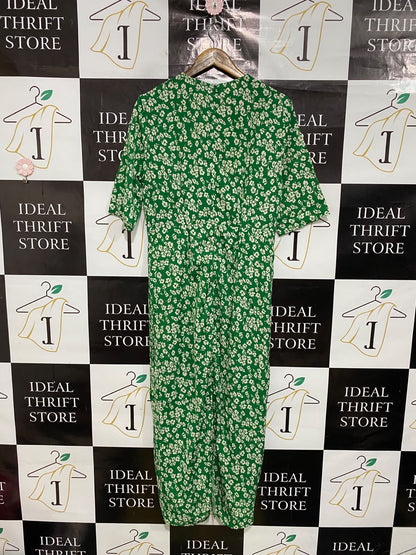 ELLA |XL| BUST 20| A50| GREEN AND WHITE FLORAL PRINT V-NECK TECHNICAL UTILITY MIDI DRESS