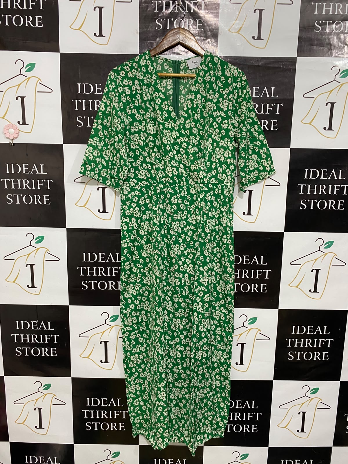 ELLA |XL| BUST 20| A50| GREEN AND WHITE FLORAL PRINT V-NECK TECHNICAL UTILITY MIDI DRESS