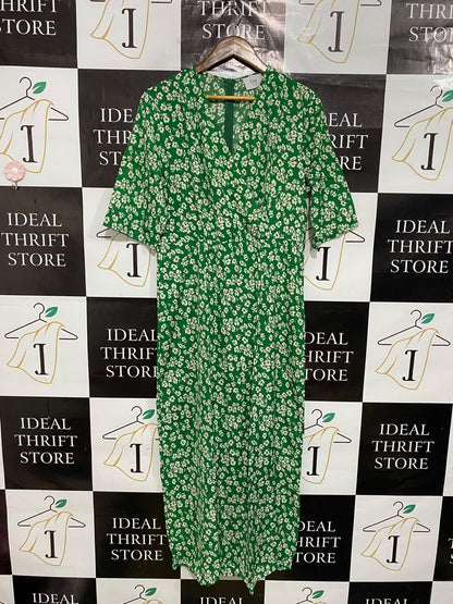 ELLA |XL| BUST 20| A50| GREEN AND WHITE FLORAL PRINT V-NECK TECHNICAL UTILITY MIDI DRESS
