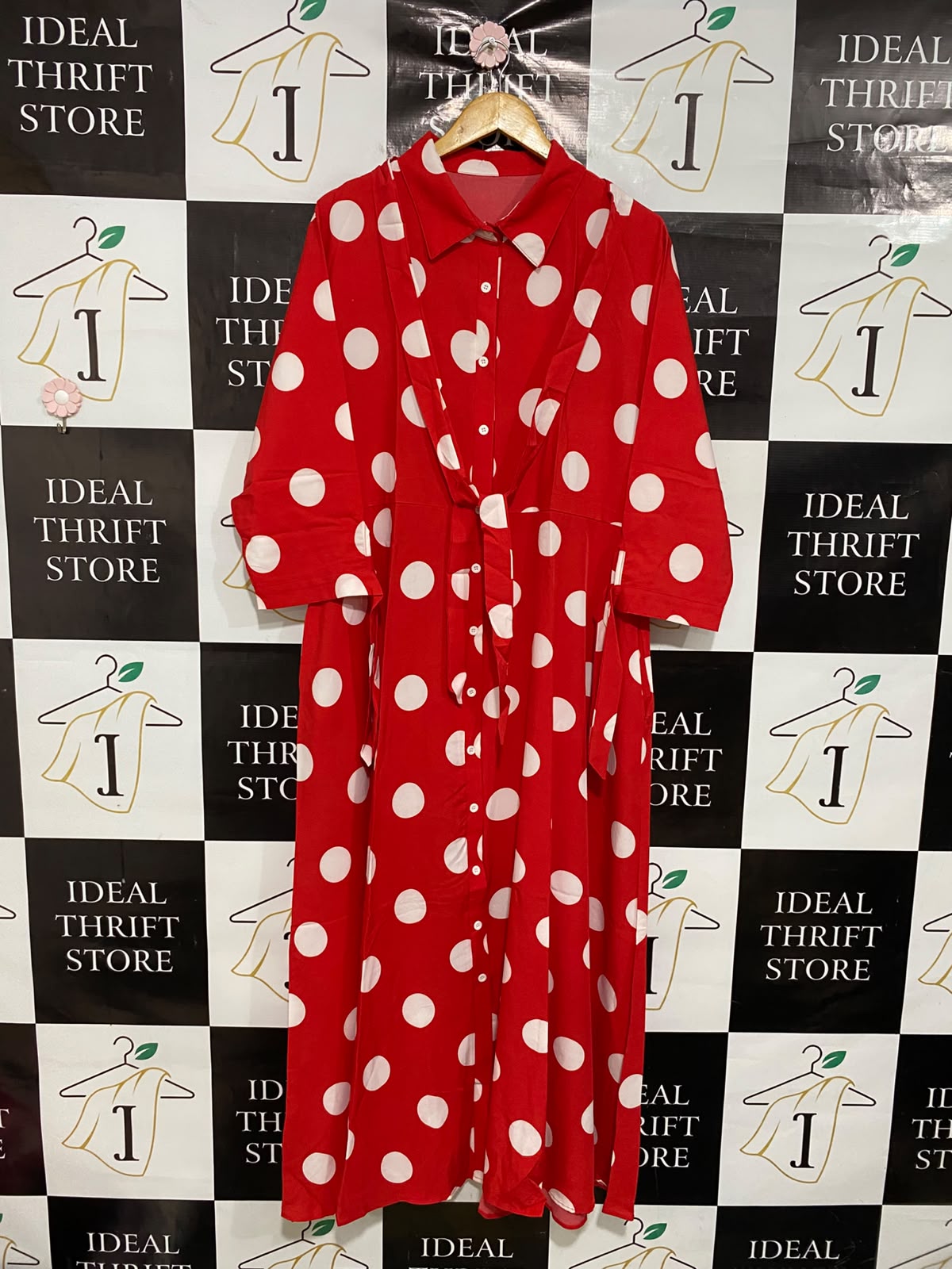 |XL| BUST 23| A50| RED AND WHITE LARGE POLKA DOT TECHNICAL UTILITY SHIRT DRESS
