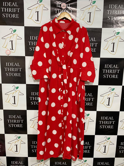 |XL| BUST 23| A50| RED AND WHITE LARGE POLKA DOT TECHNICAL UTILITY SHIRT DRESS