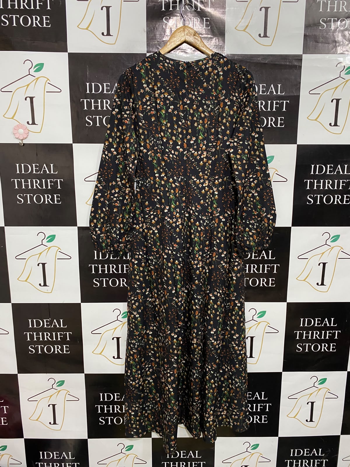 |M| BUST 18| A50| BLACK AND BROWN Ditsy FLORAL V-NECK TECHNICAL UTILITY MIDI DRESS
