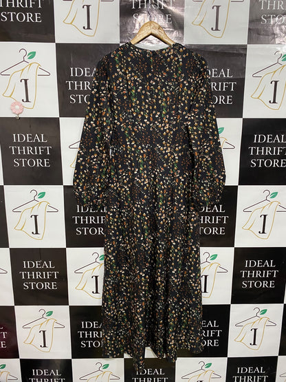 |M| BUST 18| A50| BLACK AND BROWN Ditsy FLORAL V-NECK TECHNICAL UTILITY MIDI DRESS