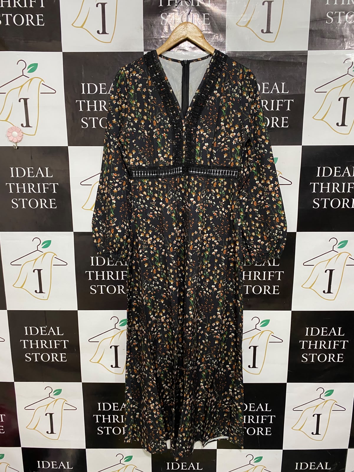 |M| BUST 18| A50| BLACK AND BROWN Ditsy FLORAL V-NECK TECHNICAL UTILITY MIDI DRESS