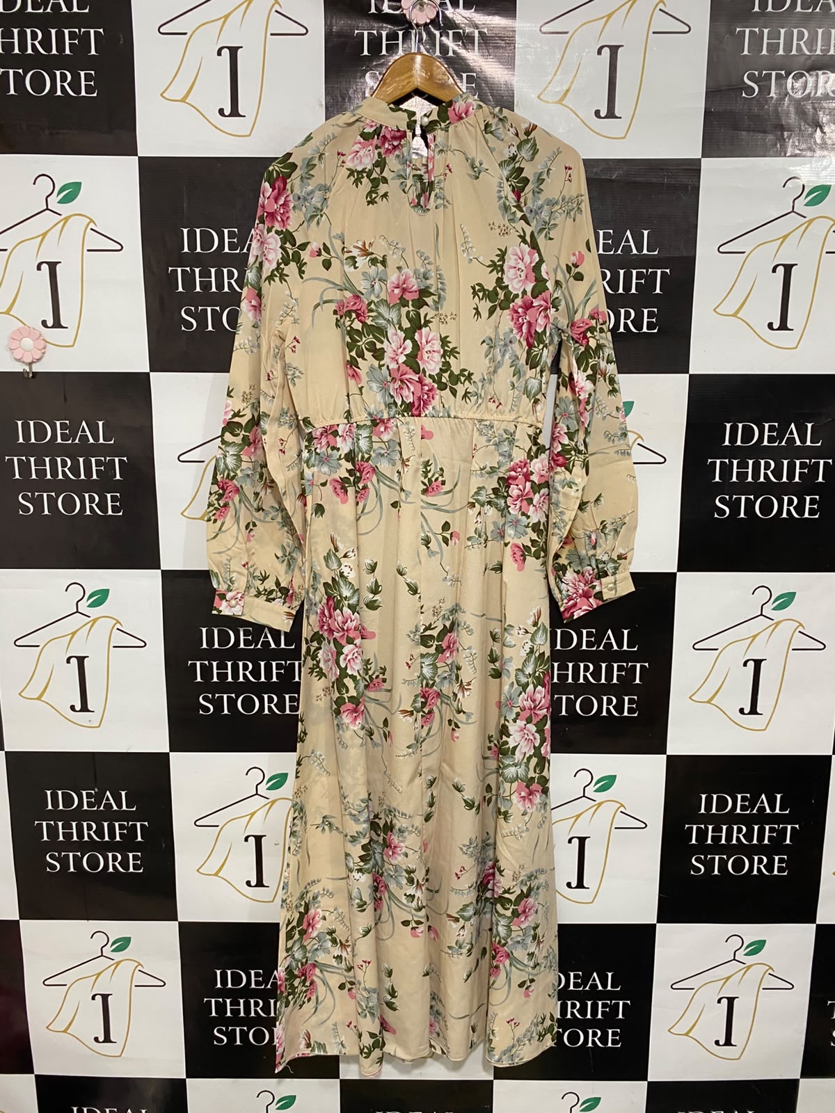 SHEIN |L| BUST 18| A50| CREAM AND PINK FLORAL MOCK-NECK TECHNICAL UTILITY MAXI DRESS