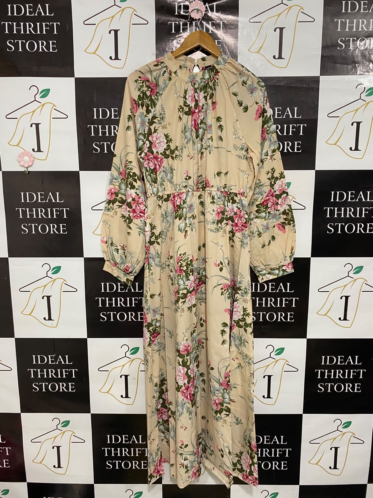 SHEIN |L| BUST 18| A50| CREAM AND PINK FLORAL MOCK-NECK TECHNICAL UTILITY MAXI DRESS