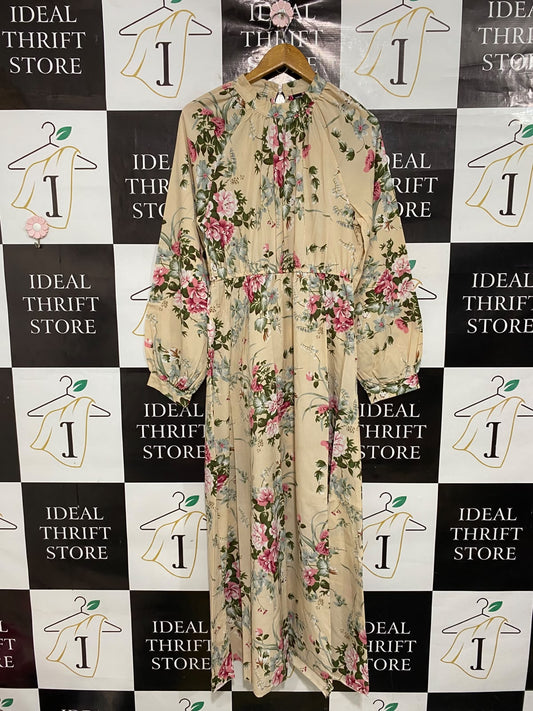 SHEIN |L| BUST 18| A50| CREAM AND PINK FLORAL MOCK-NECK TECHNICAL UTILITY MAXI DRESS