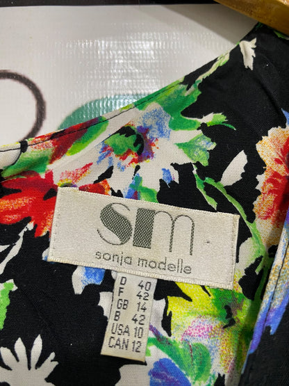 SONJA MODELLE |M| BUST 19| A50| BLACK MULTI-COLOR FLORAL V-NECK TECHNICAL UTILITY MIDI DRESS