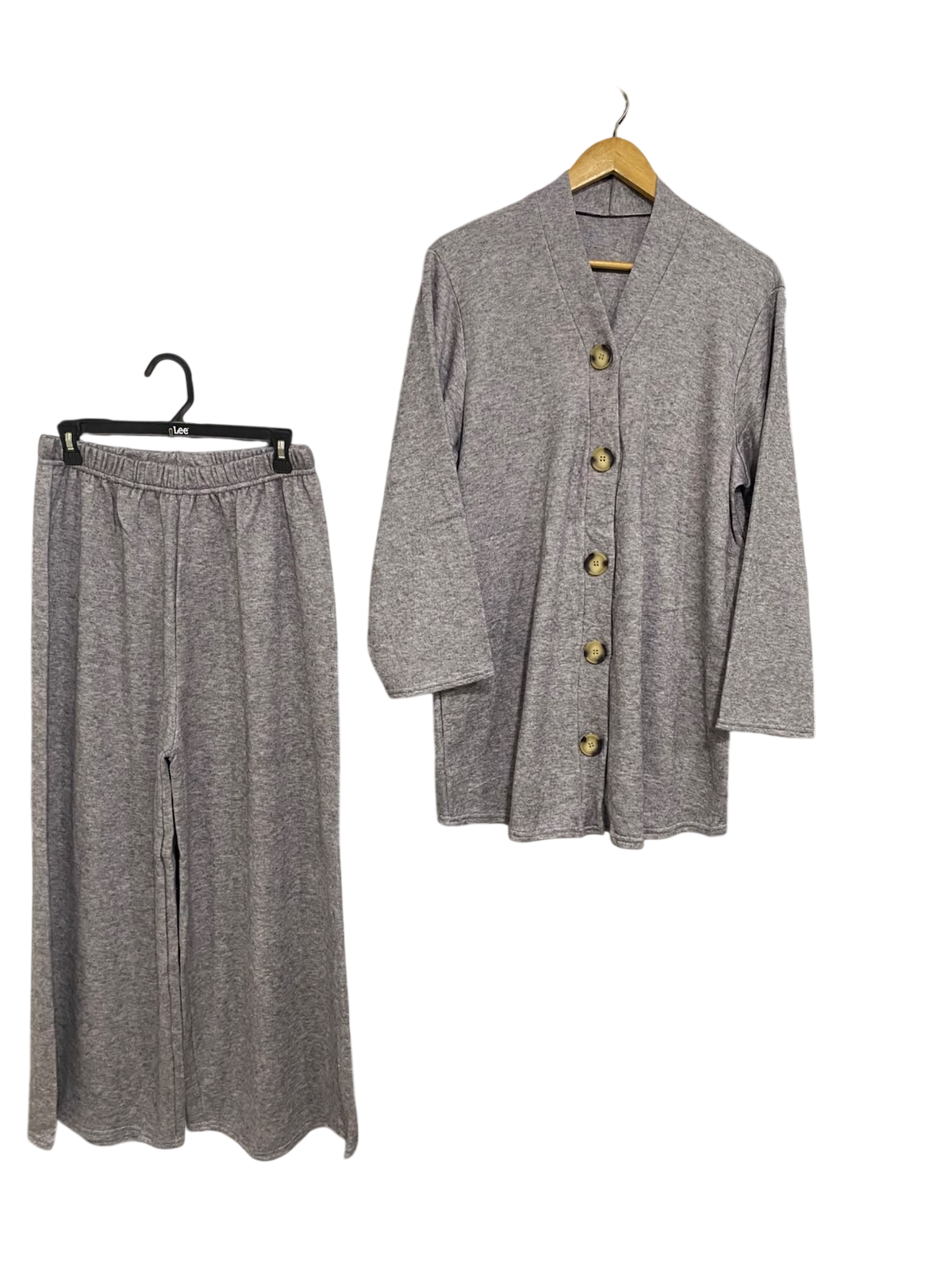 FABRIQUE EN FRANCE |M| A51| GREY MELANGE BUTTON-UP CARDIGAN AND WIDE-LEG PANTS TECHNICAL UTILITY SET