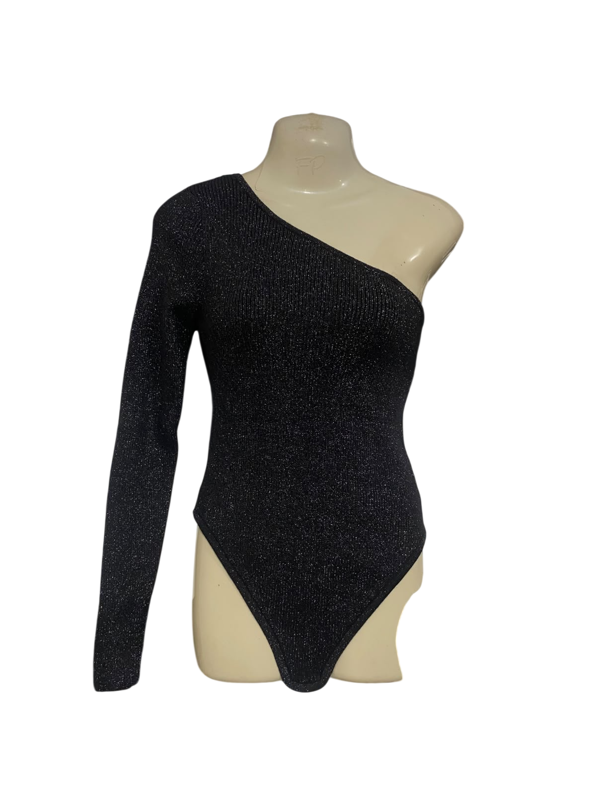 PRIMARK |S| BUST 15| A51| BLACK GLITTER ONE-SHOULDER TECHNICAL UTILITY BODYSUIT