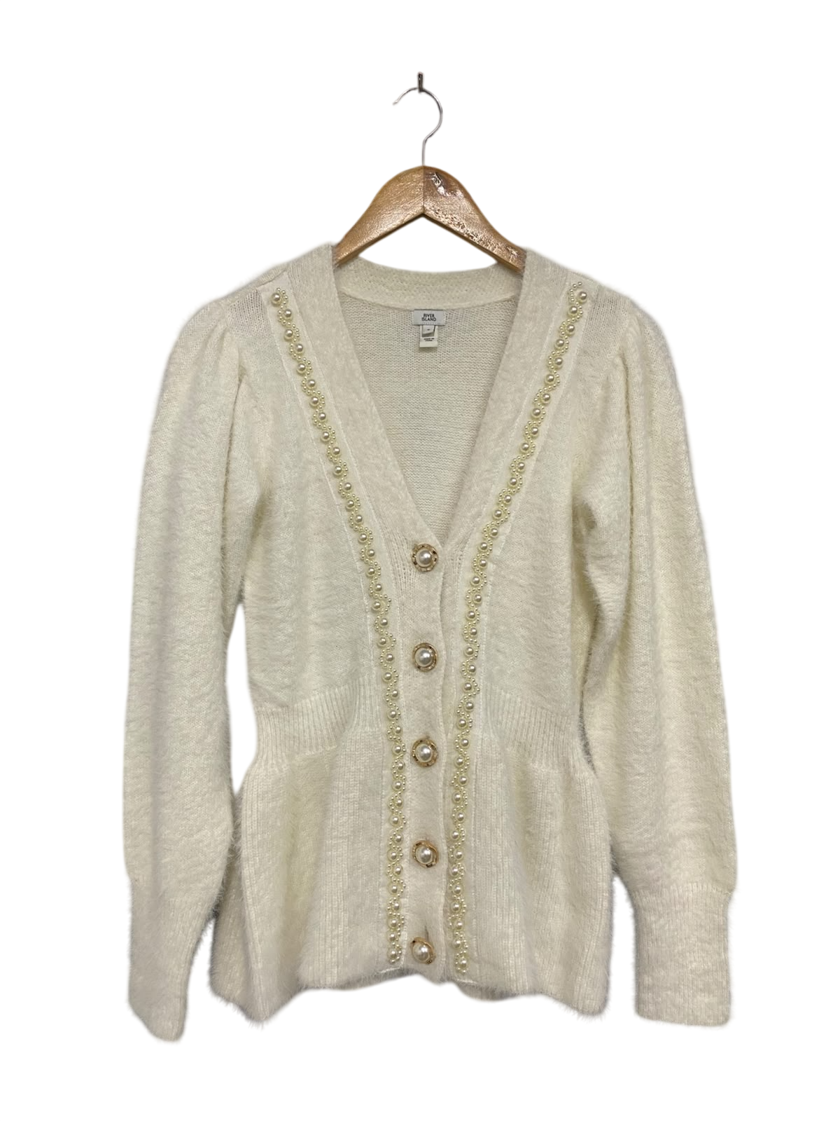 RIVER ISLAND |S| BUST 15| A51| CREAM PEARL-EMBELLEISHED FLUFFY BUTTON-UP TECHNICAL UTILITY CARDIGAN