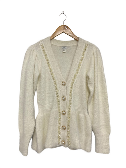 RIVER ISLAND |S| BUST 15| A51| CREAM PEARL-EMBELLEISHED FLUFFY BUTTON-UP TECHNICAL UTILITY CARDIGAN