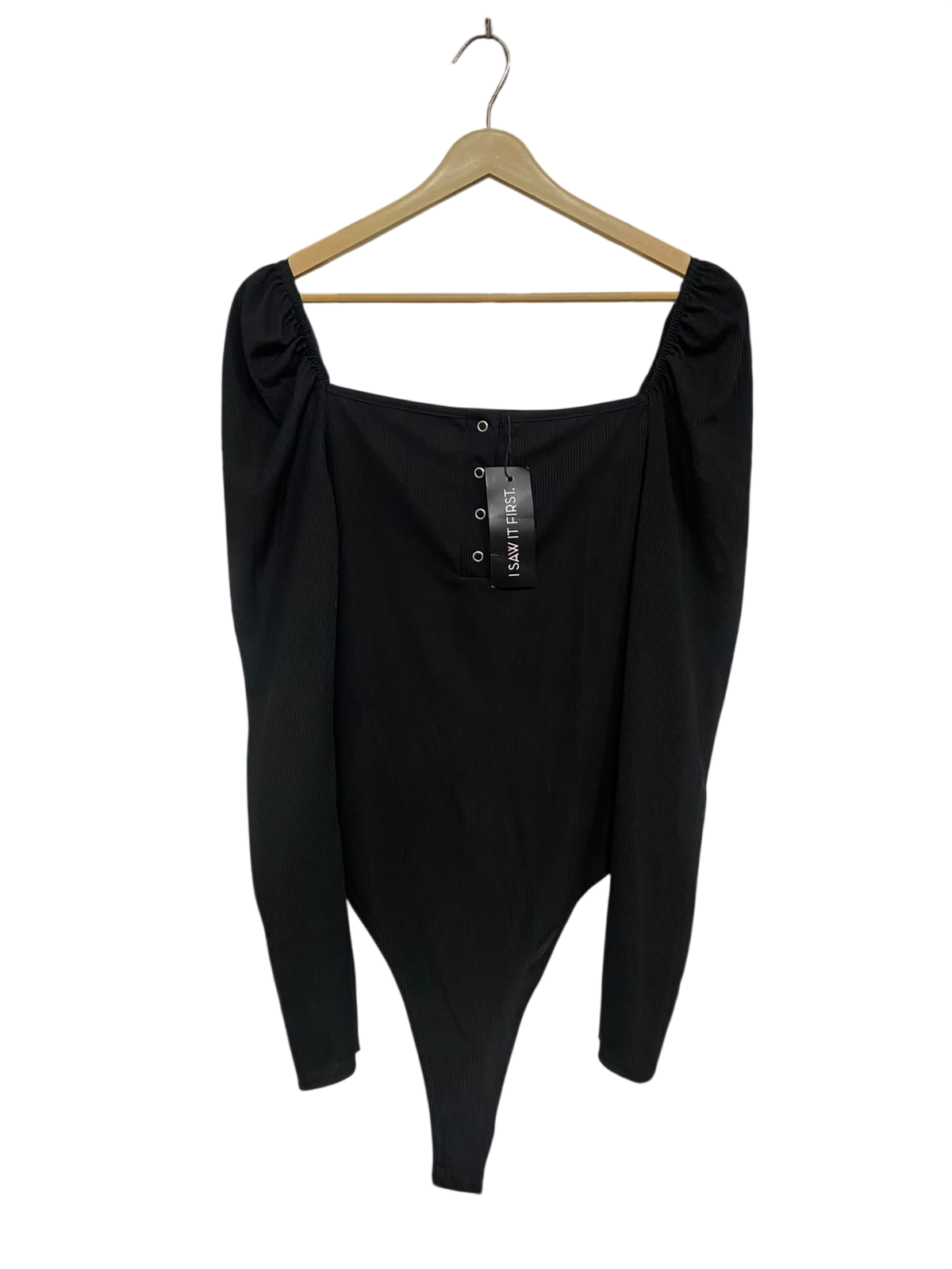 I SAW IT FIRST |M| BUST 16| A51| BLACK SQUARE-NECK PUFF-SLEEVE TECHNICAL UTILITY BODYSUIT