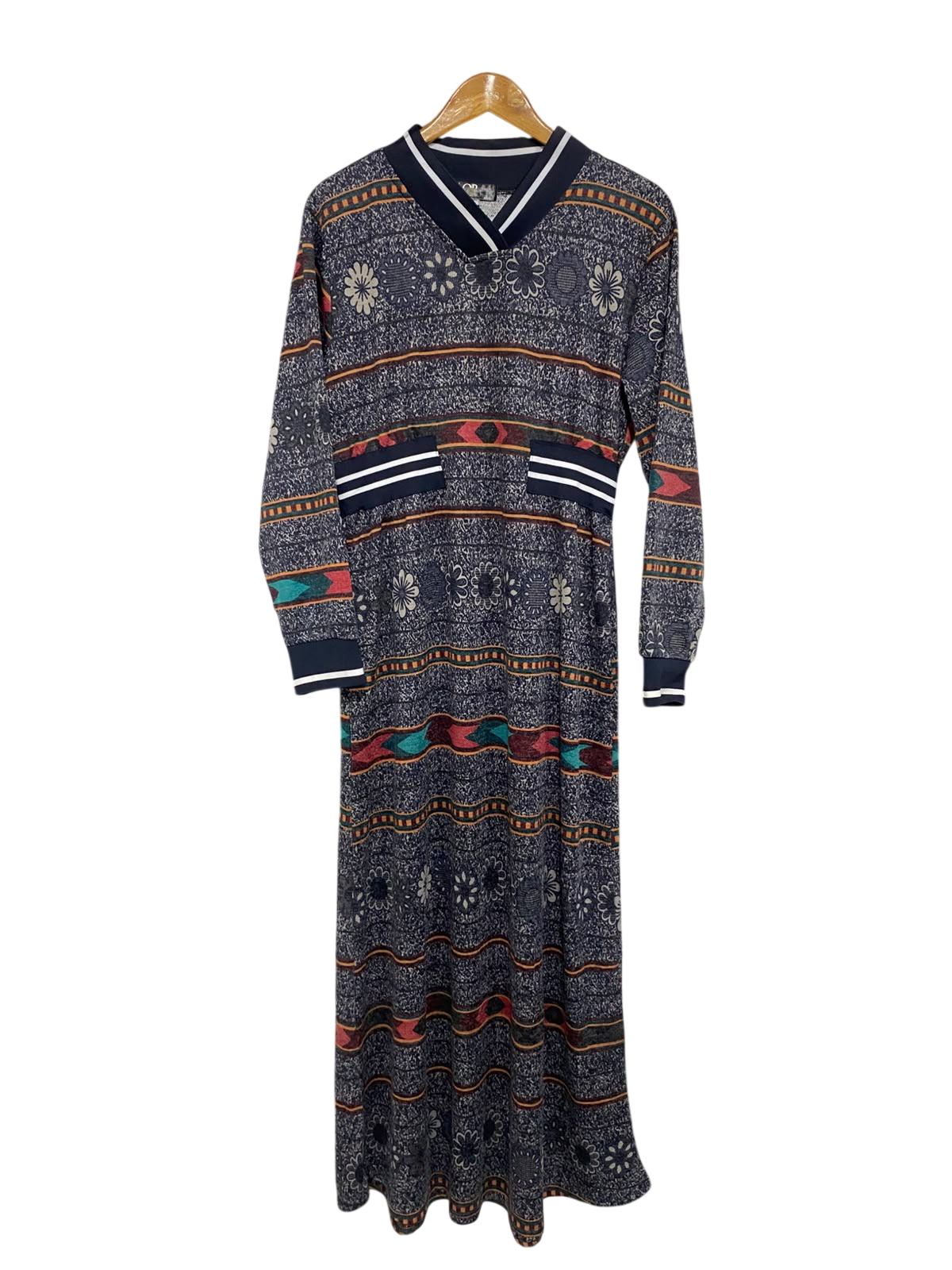 QP |L| BUST 19| A51| NAVY PRINTED LONG-SLEEVE TECHNICAL UTILITY MAXI DRESS