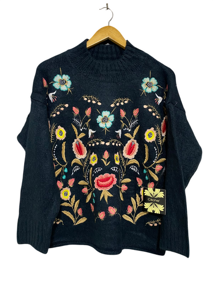 CLICHE |L| BUST 22| A51| BLACK FLORAL EMBROIDERED MOCK-NECK TECHNICAL UTILITY SWEATER